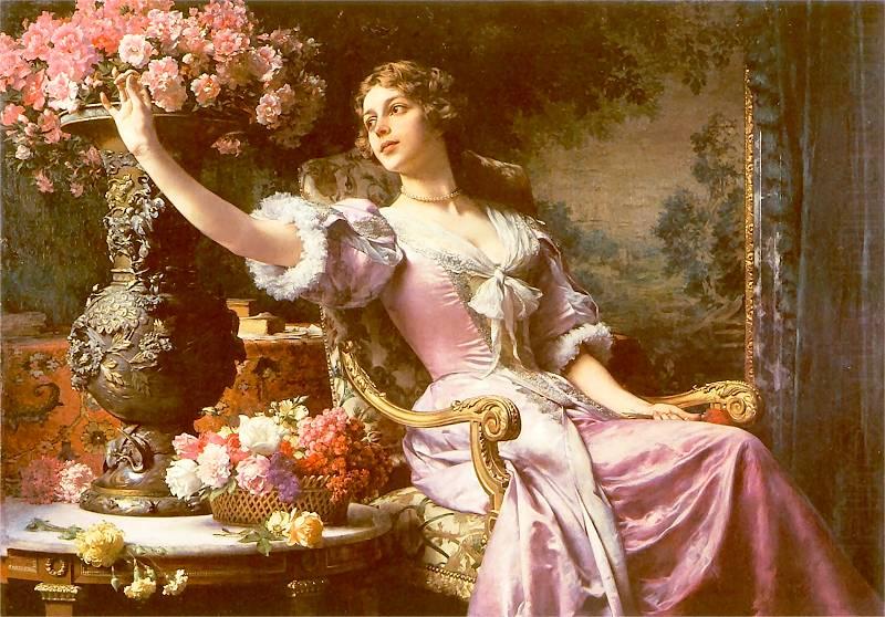 A lady in a lilac dress with flowers, Wladyslaw Czachorski